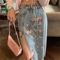 【CC】☬  Streetwear Flowers Print Denim Skirts 2021 Waist Split Straight Skirt Jeans Saias Female