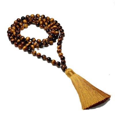 5A Golden Tassel Japamala For Men And Women 8mm Tiger Eye Stone 108 Beads Mala Knotted Necklace Meditation Yoga Zen Jewelry