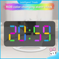 เตือนนาฬิกาดิจิตอล RGB มี11โหมดสี3ระดับความสว่าง,นาฬิกากระจก LED 2พอร์ต USB นาฬิกาสำหรับห้องนอนสำนักงานบ้านของตกแต่งโต๊ะ