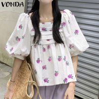 VONDA เสื้อแขนพองผู้หญิงลำลองคอสี่เหลี่ยม,เสื้อแขนพองลายดอกไม้เสื้อกลางแขนเสื้อ (ลำลองเกาหลี)