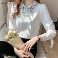 AMMIN Tops 2021 autumn new style pleated elegant temperament long sleeve commuter chiffon shirt women Korean fashion personality embroidered lapel pullover puff sleeve blouse