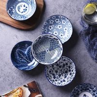 WHYOU Salad Rice Bowls Ceramic Japanese Classical Blue and White Kitchen Tableware Household Restaurant Soup Noodle