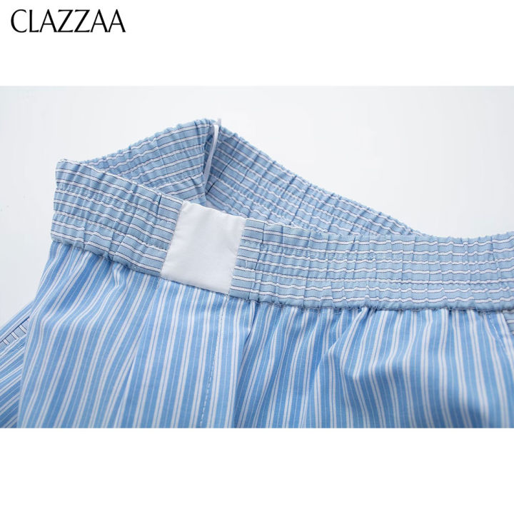 clazzaa-กางเกงขาสั้นเอไลน์ลายทางสีฟ้าตัดกันแฟชั่นสำหรับผู้หญิงผู้หญิงกางเกงขาสั้นแบบลำลองเก๋ไก๋