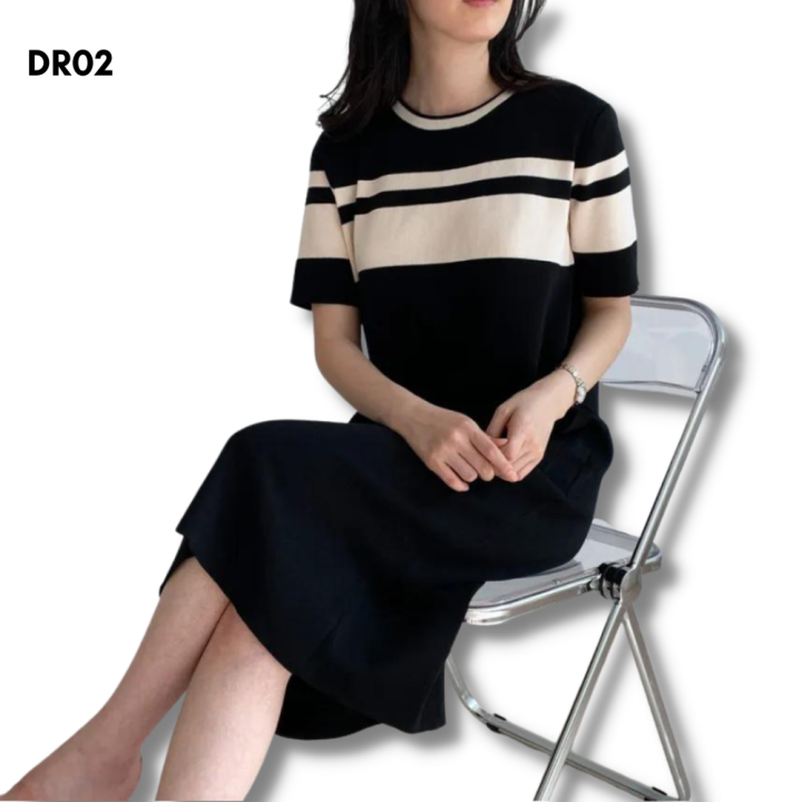 IMPORT Dress Midi Wanita Rajut Tebal Garis Korea (DR02) Lazada Indonesia