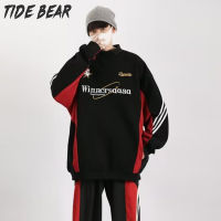 TIDE BEAR เสื้อสเวตเตอร์เสื้อยืดคอกลมของผู้ชาย,เสื้อเสื้อแขนยาวคอกลมแนวสตรีทแขนยาวทรงหลวมแขนยาวสีตัดกันสีดำและสีแดงแนวสตรีท