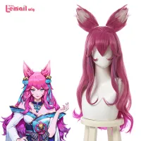 L- วิกผมวิญญาณดอก Ahri คอสเพลย์วิกผมฮ่าๆคอสเพลย์ยาวไล่โทนสีสีชมพูวิกผมกับหู H Eadwear ทนความร้อนสังเคราะห์ผม