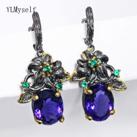 Beautiful flower trendy dangle earring Big oval purple crystal Black gold color jewellery gift for wife nice drop earrings