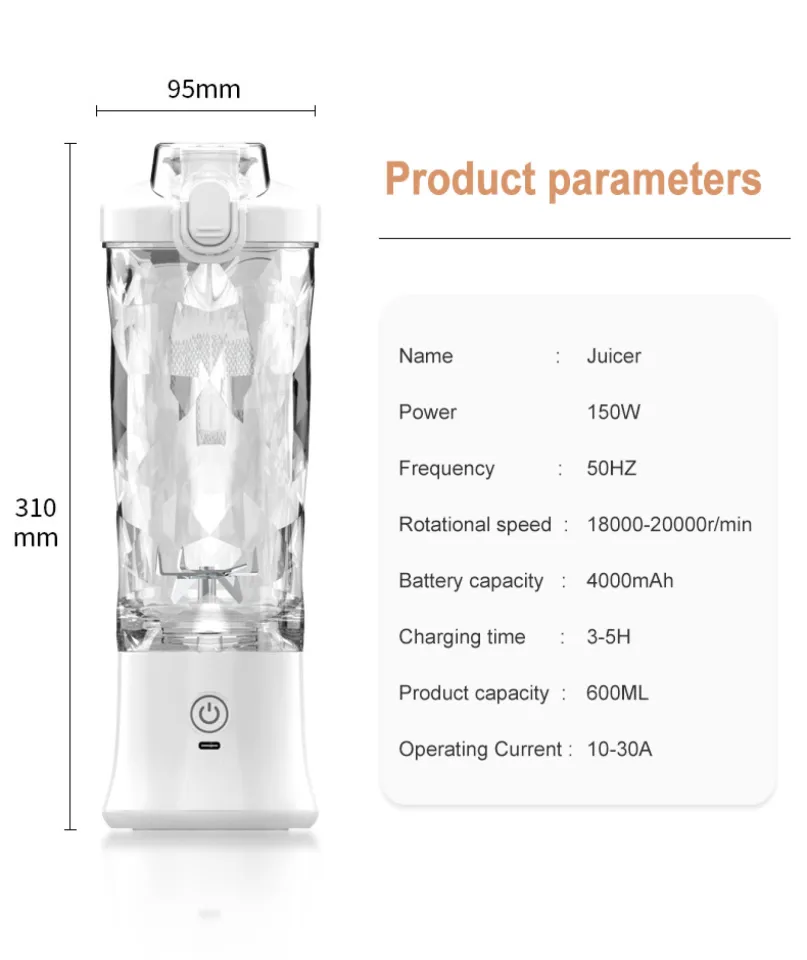 Portable Blender 600ml Electric Juicer Fruit Mixers 4000mah Usb Rechargeable  Smoothie Mini Blender Personal Juicer Colorful Cup Personal Size Blender  Mini Frui…