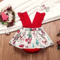 【cw】 Xmas Toddler Romper Newborn BabyCartoon Sleeveless Patchwork PrincessJumpsuit With HeadbandsOutfit Set