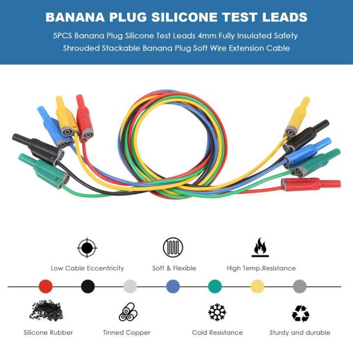 5pcs-banana-plug-silicone-test-leads-4mm-fully-insulated-safety-shrouded-stackable-banana-plug-soft-wire-extension-cable