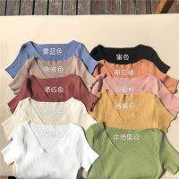 [Special Offer Clearance] Candy Color V-Neck Top Short Girls Half-Sleeved t-Shirt Solid Simple Student Hyuna Style Slim-Fit Slimmer Look All