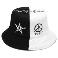 COD tjjs079 ❀AUTU Unisex Black White Color Block Bucket Hat Star Eye Graffiti Print Fisherman Cap