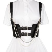 y Womens Corset, Body-Slimming Tights, Black Leather, High-Quality Beautiful Cute Pearl Chain Charm Cover Belt