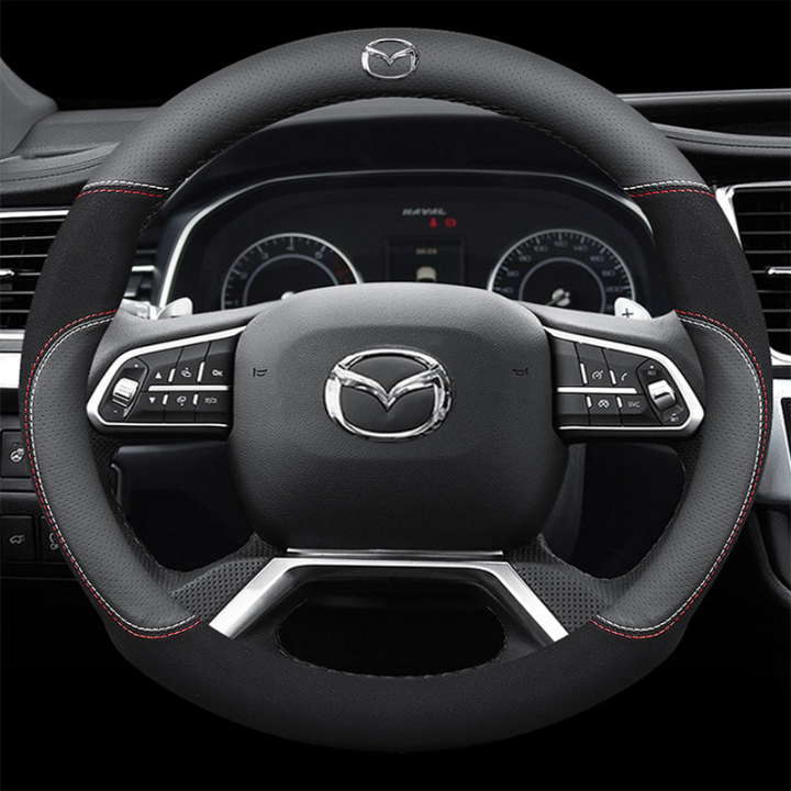 Mazda Car Steering Wheel Cover (Round Shape Black) Leather Suitable for