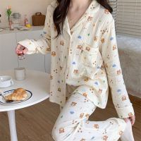 100Cotton Gauze Pajamas for Women Korean Long Sleepwear Bear Print Pijamas Pyjamas Long Sleeve 2 Piece Female Set Dropshipping