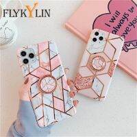 [Woo Fashion Case] Flykinlin เคสลายหินอ่อนชุบขาตั้งโทรศัพท์สำหรับ iPhone 14 Plus 13 12 Pro Max 11แฟชั่นฝาหลังนุ่ม IMD Silicon