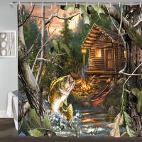 Farmhouse Camo Bath Curtain Bass Fish Wildlife Nature Lodge Forest with Lake Hunting Fishing Man ชุดผ้าม่านอาบน้ำ 180 * 180 ซม