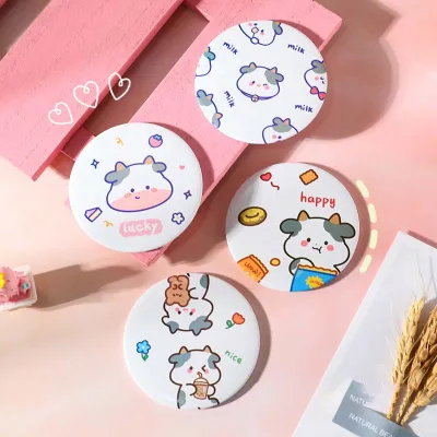 Cute Cow Pattern Mirror Makeup Mirror With Cartoon Design Portable Compact Mirror Round Makeup Mirror Pocket Mirror