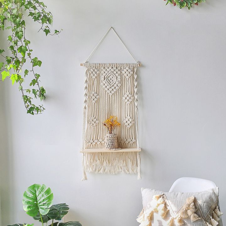 macrame-ชั้นไม้ลอยน้ำสำหรับตกแต่งชั้นแขวนผนัง-การตกแต่งบ้านโบฮีเมียนในร่มและกลางแจ้งเชือกทำมือสำหรับวางต้นไม้