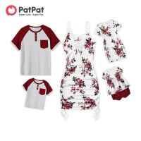 【YF】 PatPat Family Matching Cotton Colorblock Raglan Sleeve T-shirts and Allover Floral Print Drawstring Ruched Bodycon Dresses Sets