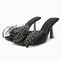 【Available】2023 Summer New ZA Womens Shoes Black Bow Pearl embellishments with Square Head Thin Heel High Heel Sandals