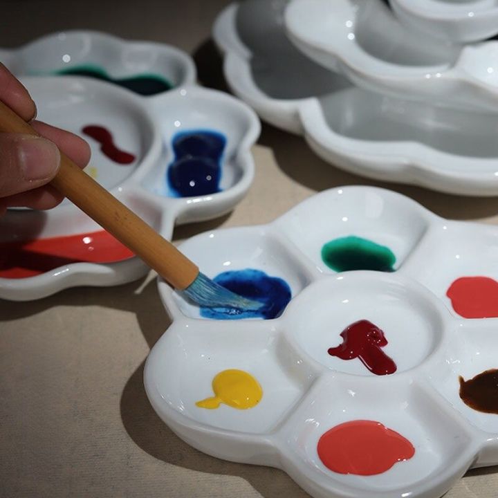 plum-blossom-7-grid-ceramic-watercolor-palette-jingdezhen-firing-artist-grade-gouache-acrylic-paint-sub-packaging-ceramic-dish