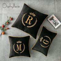 Diphylleia A-Z Letter Embroidered Pillow Cover Authentic Luxury Black Velvet Cushion Case Living Room Sofa Office Car Home Gift Pillows  Bolsters