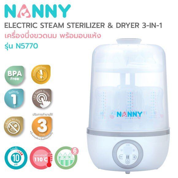 nanny-เครื่องนึ่งขวดนม-เครื่องนึ่งขวดนมไฟฟ้า-3-in-1-พร้อมอบแห้ง-รับประกันนาน-1-ปี