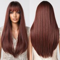 Dark Wine Red Synthetic Wigs for Black Women Long Straight Natural Hair Wig with Bangs Party Cosplay Wig Heat Resistant Fiber