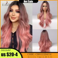 EASIHAIR Long Ombre Pink Synthetic Wigs for Women Middle Part Wavy Cosplay Wigs Natural Hair Wig Heat Resistant Pink Red Wig