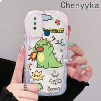 เคส Chenyyka สำหรับ VIVO Y12 Y17 Y15 Y3s Y3 2020เคสการ์ตูนไดโนเสาร์สีเขียวน่ารักลายคลื่นเนื้อครีมเคสโทรศัพท์โปร่งใสขอบเหมาะสำหรับเด็กผู้ชายและเด็กผู้หญิงเคสกันกระแทกเคสซิลิโคนอ่อนชัดเจน