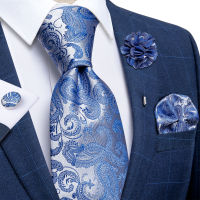 Blue Silver Paisley Neck Ties For Men Luxury 8cm Wide Silk Wed Tie Pocket Square Cufflinks Set Brooch Christmas Gifts For Men Ties