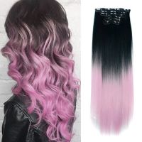 Long Straight Ombre Color 16 Clips In Hair Extensions 24 Inch Long 6 Pcs/Set 16 Clips  Synthetic 140g Hair Piece For Women Wig  Hair Extensions  Pads