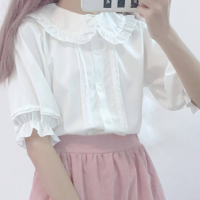 HOUZHOU White Shirt Kawaii Peter Pan Collar Preppy Style Blouses Woman Sweet Ruffle Short Sleeve Tops 2021 Fashion Clothes