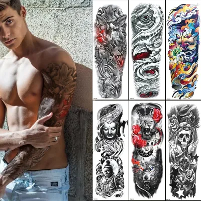 Large Arm Tattoo Sticker Full Sleeve Waterproof Body Art Full Fake Tatoo Semi Permanent Tattoo Women Man Tiger Wolf Flowers Rose