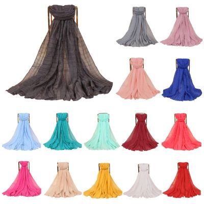 【YF】 Women Cotton Linen Long Hijab Scarf Crinkle Scarves Head Wraps Voile Solid Color Shawls Pleated Turkish Turban 180x85cm