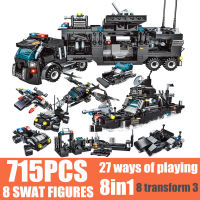 New 715PCS 8 Dolls City SWAT Military Toys Team Police Station Car Policemen Figures Building Blocks Brick Truck House Boy Gift