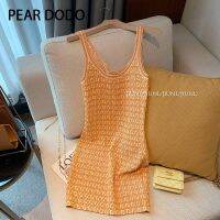 PEAR DODO เสื้อยืดสายถักพิมพ์ลายสก๊อตสำหรับผู้หญิงแนวเกาหลีสำหรับชุดเดรสสั้น