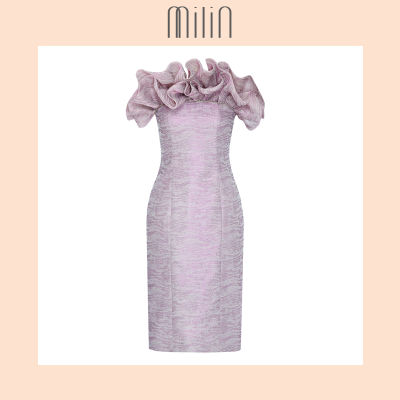 [MILIN] Limited Crystal embellishment bodice detail Body-conscious silhouette Decorative voluminous ruffles Marble woven polyester Strapless dress / เดรสเกาะอกทรงสอบแต่งระบายและเส้นคริสตัลผ้าลายหินอ่อน สีชมพู / สีเบจ