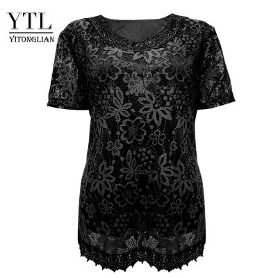 Womens Plus Size Elegant Long Sleeve Floral Lace Black Color T Shirt Women Ladies Tee Shirts 6XL 7XL 8XL H009