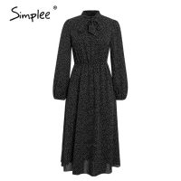 ZZOOI Simplee Elegant polka dot women dress Lantern sleeve office ladies bow tied work long dresses A-line female ladies party dresses