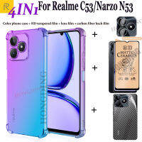 【สินค้ามาใหม่ + มีในสต็อก】เคสแบบ4-In-1สำหรับ OPPO Realme C53 /Narzo ชนิดเคลือบเพื่อความอ่อนโยน N53แบบด้าน + สติ๊กเกอร์สกีนด้านหลังเลนส์กล้องถ่ายรูป + ฟิล์มป้องกันหน้าจอคาร์บอนไฟเบอร์