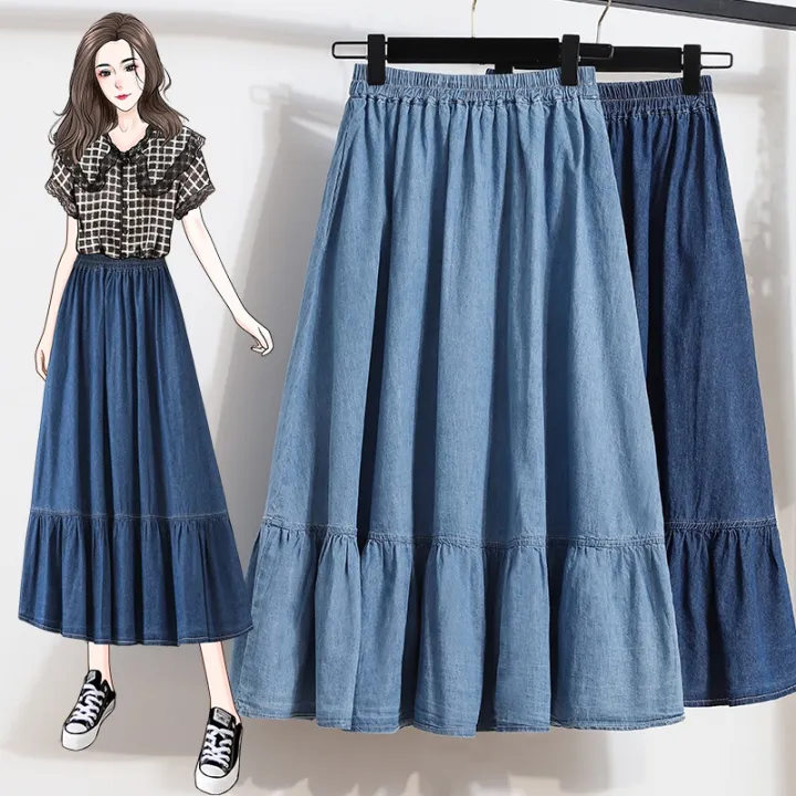 skirt jeans skirt jeans long skirt women Over knee maxi Pleated Skirt