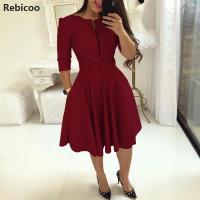 Women Fall Half Sleeve Elegant Tunic Party Dress Female O Neck Solid Zipper Belted Pleated Casual Office Dress Vestidos mujer