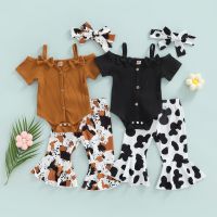 3pcs Baby Girls Romper Outfit Sweet Style Bow Short Sleeve Suspender Jumpsuit + Irregular Spot Bell-bottomed Pants + Headwear  by Hs2023