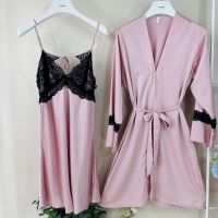 【LZ】△♤  Conjunto de quimono de cetim sedoso feminino roupa de dormir sexy escavar chemise camisola roupão loungewear robe 2 peças