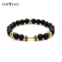 Drop Shipping อินเทรนด์ชุบคอลัมน์ Charm Pave สีดำ CZ ลูกปัด Strand สร้อยข้อมือสำหรับผู้ชายและผู้หญิง Dumbbell สร้อยข้อมือ