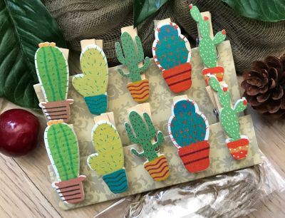120pcs Wooden Clip Cute Cactus Memo Paper Clips Stationery Clothespin Craft Clips Pegs for Christmas decoration hanging ornament