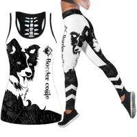 【DT】hot！ Border Collie Tattoos Piece Set Print Hollow Out Top Waist Sport