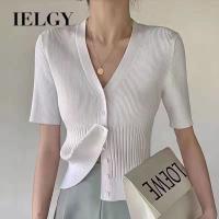 IELGY เสื้อถักคอวีสำหรับผู้หญิง,คาร์ดิแกนสั้นทรงสลิมฟิตสำหรับใส่กลางแจ้งฤดูร้อน